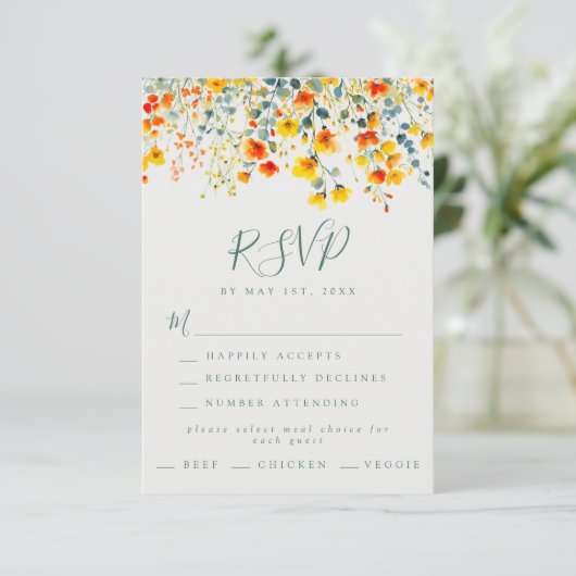 Kleurrijke zomer bloemenbruiloft RSVP kaartje (Staand voorkant)
