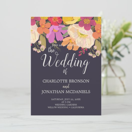 Kleurrijke zomer bloementuin bruiloft kaart (Staand voorkant)