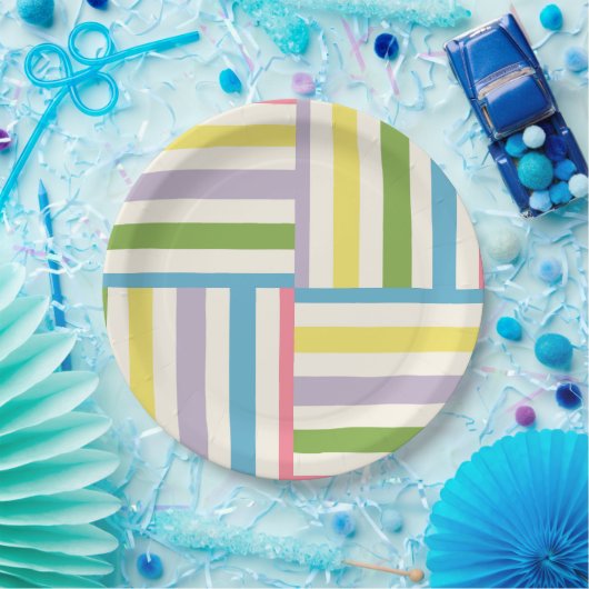 Kleurrijke zomer gestreepte blokken patroon papieren bordje (Feest)