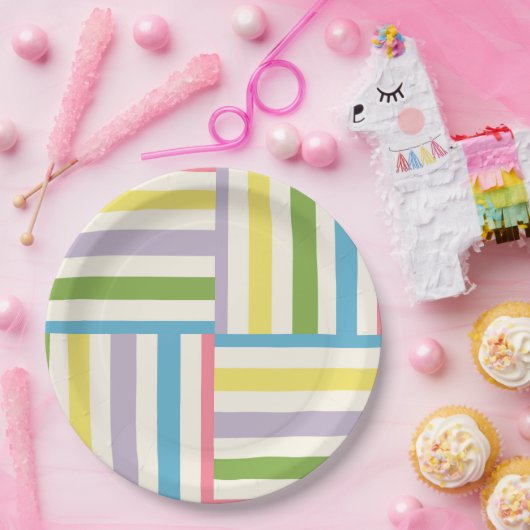 Kleurrijke zomer gestreepte blokken patroon papieren bordje (Feest)
