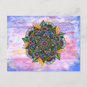 Kleurrijke zomer Mandala w / Waterverf achtergrond Briefkaart