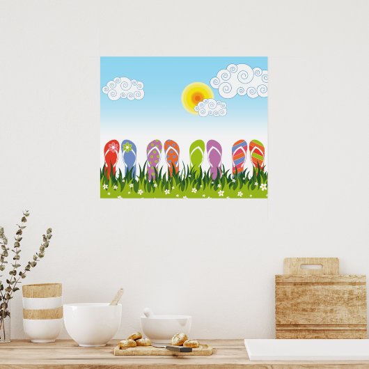 Kleurrijke Zomer Slippers Pret In De Zon Tuin Poster (Keuken)