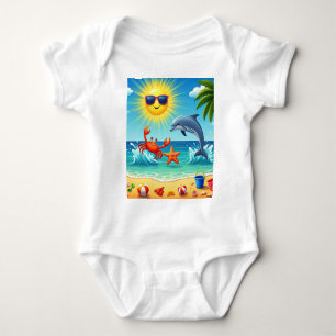 Kleurrijke Zomer Strand Krab Dolfijn Blauwe Hemel Romper