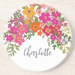 Kleurrijke Zomer Tuin Bloemen Custom Name Zandsteen Onderzetter