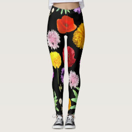 Kleurrijke zomerbloemen op zwarte achtergrond leggings
