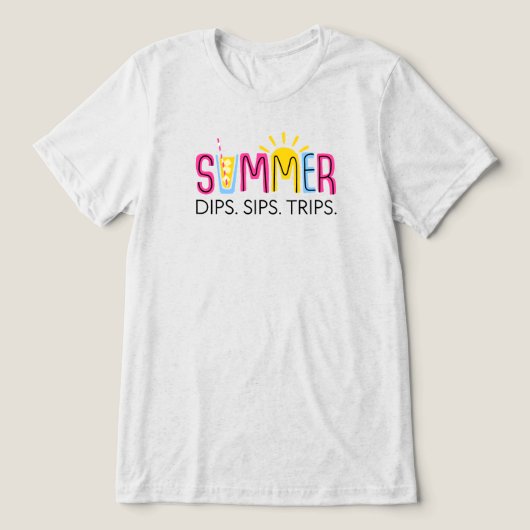 Kleurrijke Zomerdips Sips Trips met Drink en zon Tri-Blend Shirt (Design voorkant)