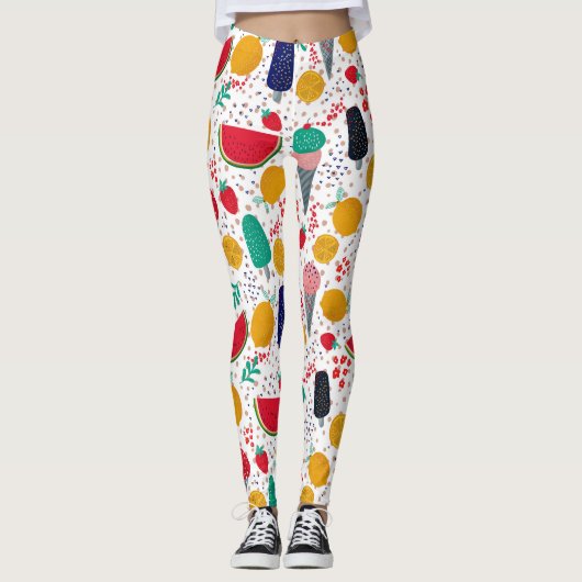 Kleurrijke zomerlevensmiddelen en bloemen collage leggings (Voorkant)
