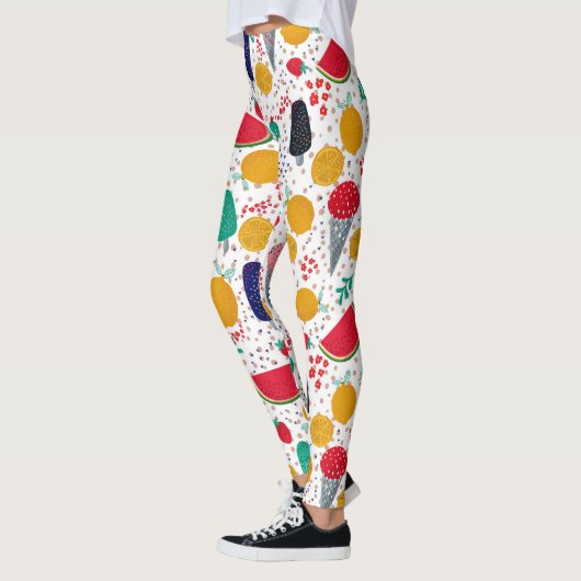 Kleurrijke zomerlevensmiddelen en bloemen collage leggings (Links)