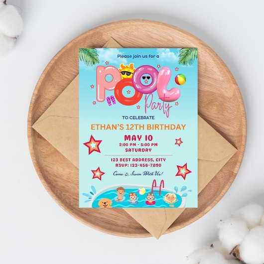 Kleurrijke zomerse verjaardagsuitnodiging / Pool P Kaart
