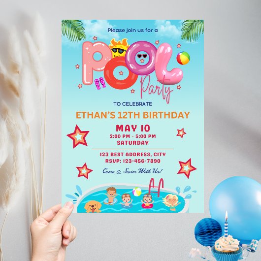 Kleurrijke zomerse verjaardagsuitnodiging / Pool P Kaart