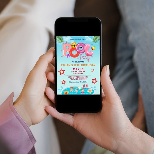Kleurrijke zomerse verjaardagsuitnodiging / Pool P Kaart