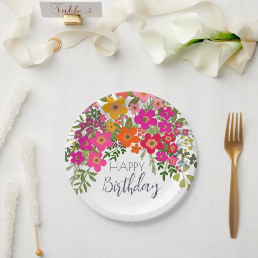 Kleurrijke zomertuin bloemen Happy Birthday Papieren Bordje (Huwelijk)