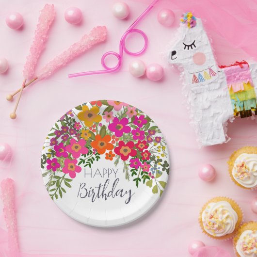 Kleurrijke zomertuin bloemen Happy Birthday Papieren Bordje (Feest)