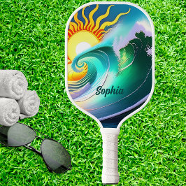 Kleurrijke zon en Surf Handtekening Pickleball Paddle