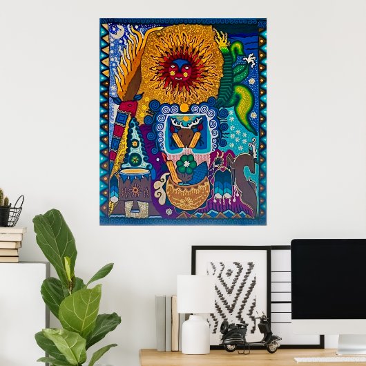 Kleurrijke zon Huichol Boho Mexicaanse kunst Poster (Thuiskantoor)