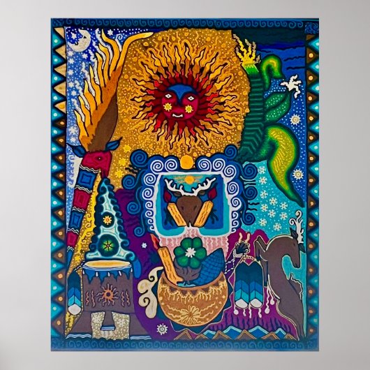 Kleurrijke zon Huichol Boho Mexicaanse kunst Poster (Voorkant)