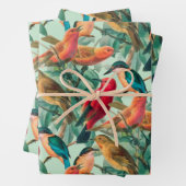 Kleurrijke zongvogels en groen lederen patroon inpakpapier vel (In situ)