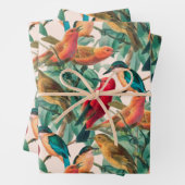 Kleurrijke zongvogels en groen lederen patroon inpakpapier vel (In situ)