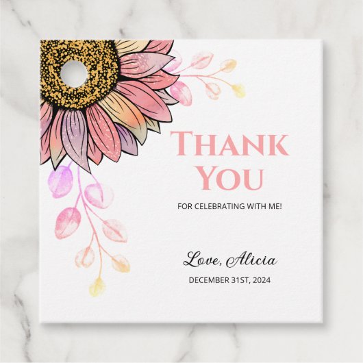 Kleurrijke Zonnebloem Bloemen Perzik Leaf Verjaard Bedankjes Labels (Voorkant)