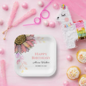 Kleurrijke Zonnebloem Bloemen Perzik Leaf Verjaard Papieren Bordje (Feest)