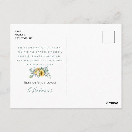 Kleurrijke Zonnebloem Bloemen Salie Begrafenis Dan Briefkaart (Achterkant)