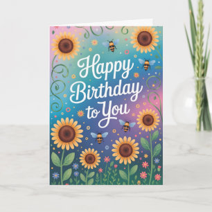Kleurrijke zonnebloem en bij Happy Birthday Kaart
