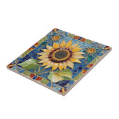 Kleurrijke Zonnebloem Faux Mozaïek Blauw Tegeltje (Zijkant)