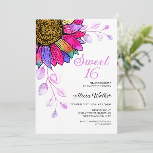 Kleurrijke Zonnebloem Paarse Leaf 16e Verjaardag Kaart (Staand voorkant)