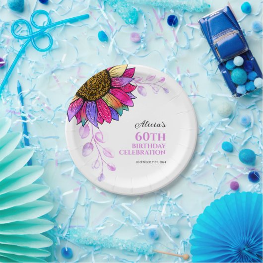 Kleurrijke Zonnebloem Paarse Leaf Verjaardag Papieren Bordje (Feest)