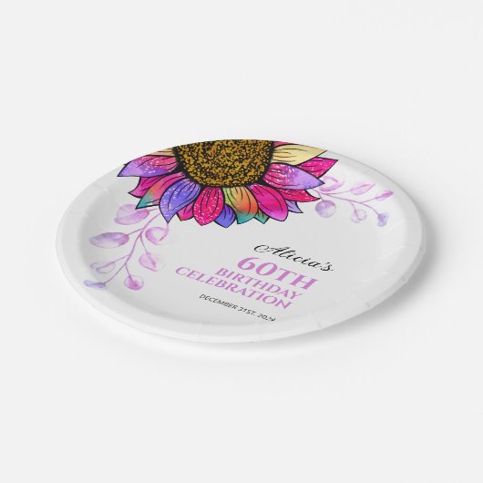 Kleurrijke Zonnebloem Paarse Leaf Verjaardag Papieren Bordje (Gekanteld)