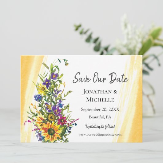 Kleurrijke Zonnebloem Wildbloemen Groen Bruiloft Save The Date (Staand voorkant)