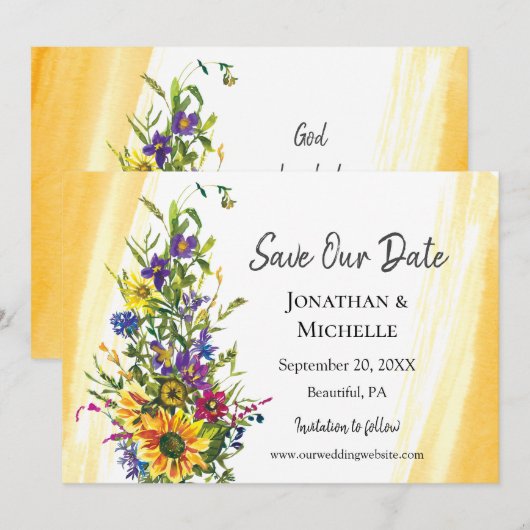 Kleurrijke Zonnebloem Wildbloemen Groen Bruiloft Save The Date (Voorkant / Achterkant)