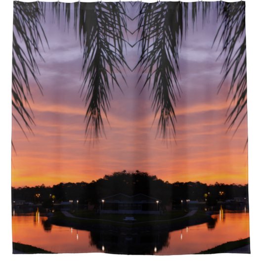 Kleurrijke zonsondergang scène door de palm douchegordijn (Voorkant)