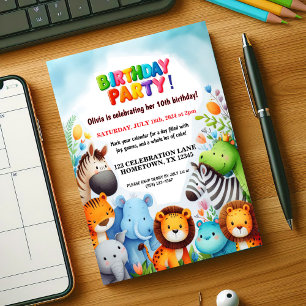 Kleurrijke Zoo Dieren Verjaardagsfeest Uitnodiging