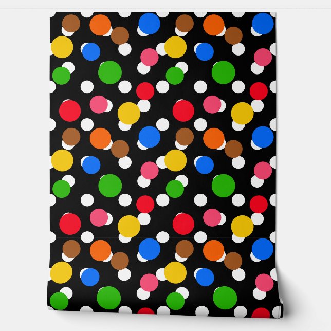 Kleurrijke zwarte achtergrond Polka Dots Behang (Afrollen)