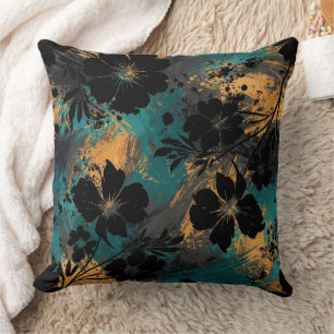 Kleurrijke Zwarte Bloem Silhouet met Teal & Moster Kussen