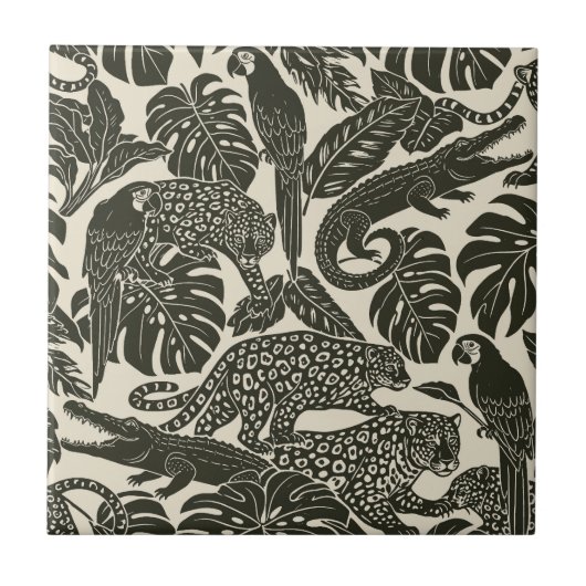 Kleurrijke Zwarte en Crème Tropische Jungle Dieren Tegeltje (Voorkant)