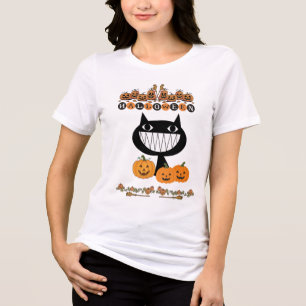 Kleurrijke Zwarte Halloween Kat met Pompoenen Tri-Blend Shirt