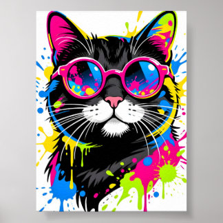 Kleurrijke zwarte kat die levendige roze zonnebril poster