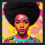 Kleurrijke zwarte vrouw Afro Pop Art Acryl Muurkunst<br><div class="desc">Deze pop art stijl kunstwerk beschikt over een mooie zwarte vrouw met een grote afro,  jaren 70 esthetiek met wat bloem power en hoepel oorbellen. Een levendige melanine schoonheid met natuurlijk haar in een vet,  veelkleurig digitaal kunstwerk. Cyaan,  magenta roze,  en geel kleurenschema met wat perzik.</div>