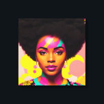Kleurrijke zwarte vrouw Afro Pop Art Canvas Afdruk<br><div class="desc">Deze pop art stijl kunstwerk beschikt over een mooie zwarte vrouw met een grote afro,  jaren 70 esthetiek met wat bloem power en hoepel oorbellen. Een levendige melanine schoonheid met natuurlijk haar in een vet,  veelkleurig digitaal kunstwerk. Cyaan,  magenta roze,  en geel kleurenschema met wat perzik.</div>