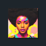 Kleurrijke zwarte vrouw Afro Pop Art Canvas Afdruk<br><div class="desc">Deze pop art stijl kunstwerk beschikt over een mooie zwarte vrouw met een grote afro,  jaren 70 esthetiek met wat bloem power en hoepel oorbellen. Een levendige melanine schoonheid met natuurlijk haar in een vet,  veelkleurig digitaal kunstwerk. Cyaan,  magenta roze,  en geel kleurenschema met wat perzik.</div>