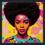 Kleurrijke zwarte vrouw Afro Pop Art Perfect Poster<br><div class="desc">Deze pop art stijl kunstwerk beschikt over een mooie zwarte vrouw met een grote afro,  jaren 70 esthetiek met wat bloem power en hoepel oorbellen. Een levendige melanine schoonheid met natuurlijk haar in een vet,  veelkleurig digitaal kunstwerk. Cyaan,  magenta roze,  en geel kleurenschema met wat perzik.</div>
