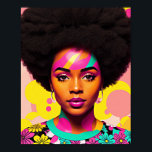 Kleurrijke zwarte vrouw Afro Pop Art Poster<br><div class="desc">Deze pop art stijl kunstwerk beschikt over een mooie zwarte vrouw met een grote afro,  jaren 70 esthetiek met wat bloem power en hoepel oorbellen. Een levendige melanine schoonheid met natuurlijk haar in een vet,  veelkleurig digitaal kunstwerk. Cyaan,  magenta roze,  en geel kleurenschema met wat perzik.</div>