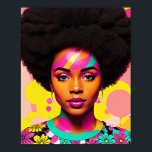 Kleurrijke zwarte vrouw Afro Pop Art Poster<br><div class="desc">Deze pop art stijl kunstwerk beschikt over een mooie zwarte vrouw met een grote afro,  jaren 70 esthetiek met wat bloem power en hoepel oorbellen. Een levendige melanine schoonheid met natuurlijk haar in een vet,  veelkleurig digitaal kunstwerk. Cyaan,  magenta roze,  en geel kleurenschema met wat perzik.</div>