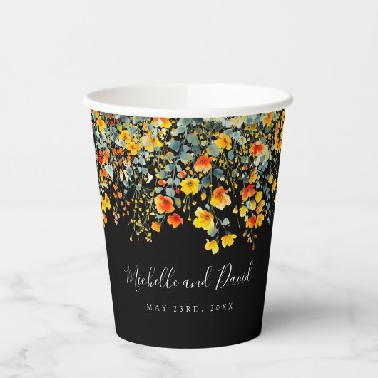 Kleurrijke zwarte Waterverf bloemenbruiloft Papieren Bekers (Links)