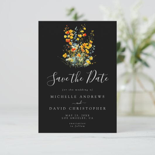 Kleurrijke zwarte Waterverf bloemenbruiloft Save The Date (Staand voorkant)