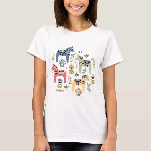 Kleurrijke Zweedse Dala paarden T-shirt (Voorkant)