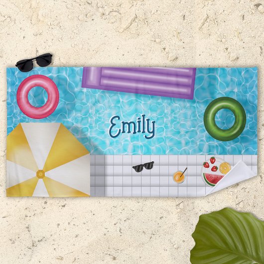Kleurrijke zwembad en zwembad dingen met naam strandlaken