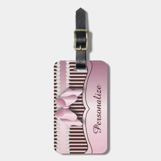 Kleurroze en bruin gestreept design bagagelabel (Voorkant verticaal)